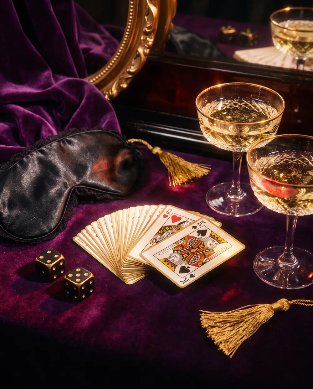 Dadi, carte da gioco e una benda in raso su fondo lilla